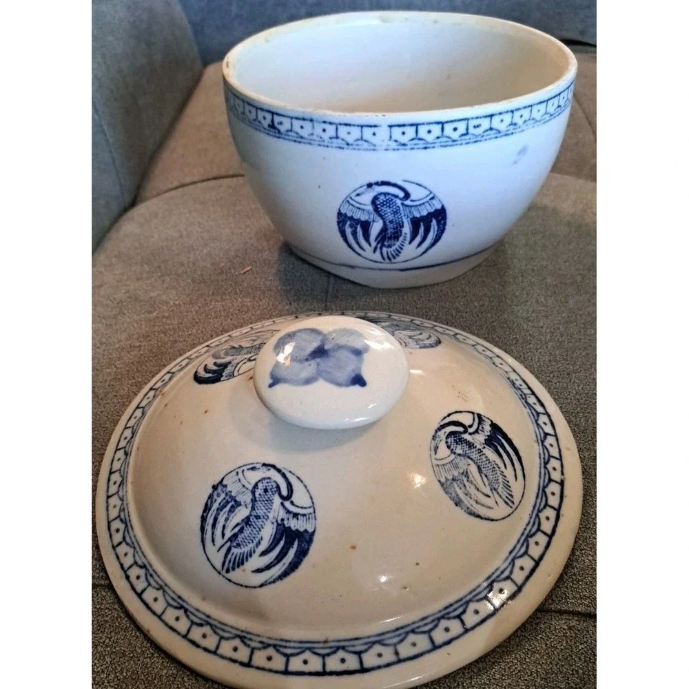 Vintage Chinese Blue & White Crane Motif Porcelain Rice Bowl w/Lid